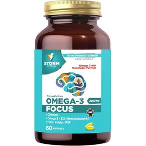 Omega-3 Focus 2000mg ، صيغة nootropic مع Citicoline ، B12 ، PQQ ، حمض الفوليك ، P5P | 60 Softgels - 30 يومًا العرض