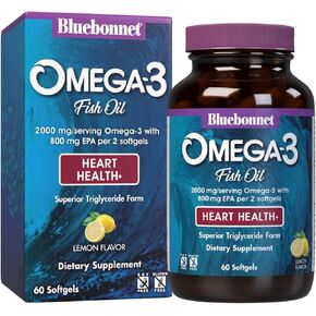 Bluebonnet Nutrition Omega-3 Heart Formula Natural Wild Caught Triglyceride Form DHA 600 mg EPA 800 mg - Highly Concentrated Heart Health Support Supplement - Gluten-Free - 60 Softgel
