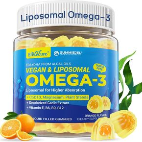 Vegan Omega-3 Gummies 1000mg +CoQ10+Magnesium- Fish Oil Omega 3 Supplements Alternative for Women Men- Liposomal Algae EPA 600mg & DHA 400mg,Plant Sterols,Deodorized Garlic,B Complex, Sugar Free,1Pack