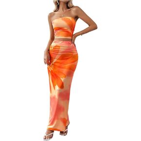 GORGLITTER Women's 2 Piece Outfits Sleeveless Strapless Crop Tube Top and Maxi Pencil Long Skirt Set