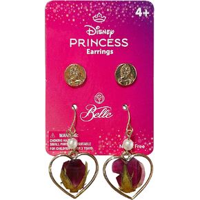 LUV HER Disney Belle Earrings Gift Sets - Heart-Shaped Drop Earrings with Pearl Accent & Belle Studs - Hypoallergenic Nickel-Free - Ideal Gifts for Girls' Parties, Costumes Ages 4+