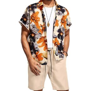 Yimoon Mens Summer Beach Vacation Outfits 2 قطعة استوائية قصيرة الأكمام الزر أسفل قميص هاواي وسروال شورت