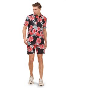 Men’s Tropical Print Co-Ord Set Short Sleeve Button Down Shirt with Matching Shorts Summer Casual Beachwear Outfit