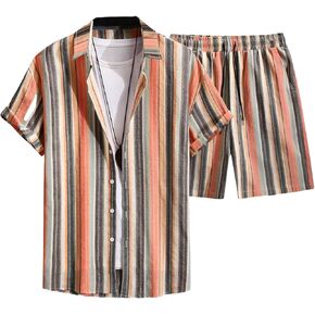 GORGLITTER Men's Summer Outfits 2 Piece Striped Boho Button Down Shirt Shorts Beach Vacation Set