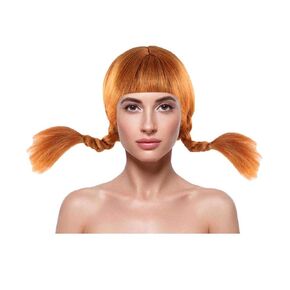 HPO Adult Women's Blonde Braided Pigtail Wig for Cosplay with Bangs, Best for Halloween, Flame-retardant Synthetic Fiber