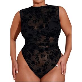 Oyoangle نساء زائد الحجم bodysuit الأزهار الشفافة بلا أكمام يوتار عنق الدعاوى الجسدية
