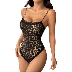 SOLY HUX Women's Leopard Print Bodysuits Y2k Lace Trim Camisole Leotard Going Out Tops