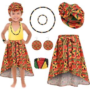 6 أجهزة كمبيوتر ملابس أفريقية تنورة Dashiki Dashiki تمتد عرض رأس التفاف متدفق قرط سوار قلادة Rasta