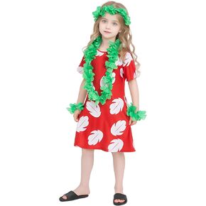 Girls Kids Hawaiian Red Dress Princess Halloween Costume Leaf Summer Dress
