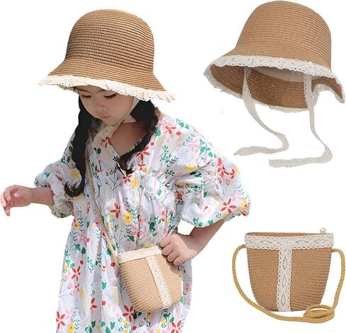 2PCS Girls Sun Hat مع حقيبة الكتف مجموعة كبيرة من قش الشاطئ Breim Bash in Kuwait