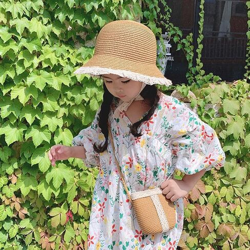 2PCS Girls Sun Hat مع حقيبة الكتف مجموعة كبيرة من قش الشاطئ Breim Bash in Kuwait