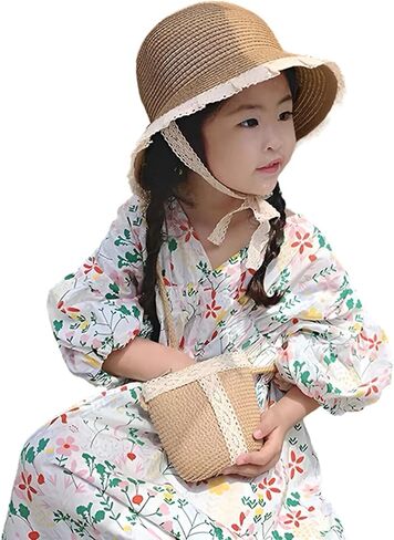 2PCS Girls Sun Hat مع حقيبة الكتف مجموعة كبيرة من قش الشاطئ Breim Bash in Kuwait