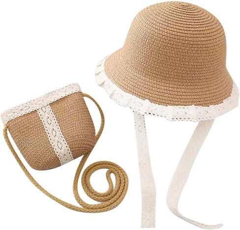 2PCS Girls Sun Hat مع حقيبة الكتف مجموعة كبيرة من قش الشاطئ Breim Bash in Kuwait
