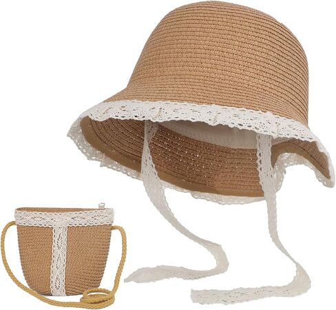2PCS Girls Sun Hat مع حقيبة الكتف مجموعة كبيرة من قش الشاطئ Breim Bash in Kuwait