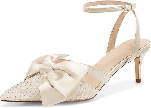Coutgo Womens Histten Low Heels Hinestone Mesh Bow Cheels مغلق مضخات حزام كاحل مدببة in Kuwait