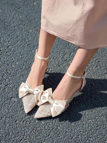 Coutgo Womens Histten Low Heels Hinestone Mesh Bow Cheels مغلق مضخات حزام كاحل مدببة in Kuwait
