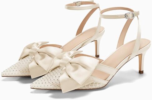 Coutgo Womens Histten Low Heels Hinestone Mesh Bow Cheels مغلق مضخات حزام كاحل مدببة in Kuwait