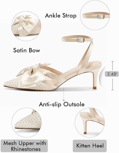 Coutgo Womens Histten Low Heels Hinestone Mesh Bow Cheels مغلق مضخات حزام كاحل مدببة in Kuwait