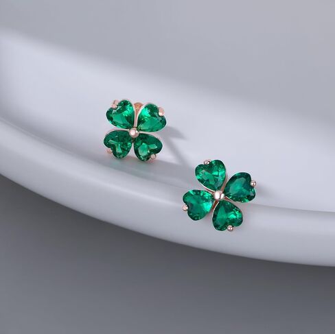 Reffeer Solid 925 Sterling Silver Four Leaves Clover Earrings Studs for Women Teen Girls Heart Cut Green CZ Clover Studs Earrings Leaf in Saudi Arabia