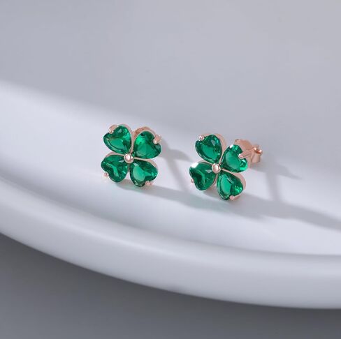 Reffeer Solid 925 Sterling Silver Four Leaves Clover Earrings Studs for Women Teen Girls Heart Cut Green CZ Clover Studs Earrings Leaf in Saudi Arabia