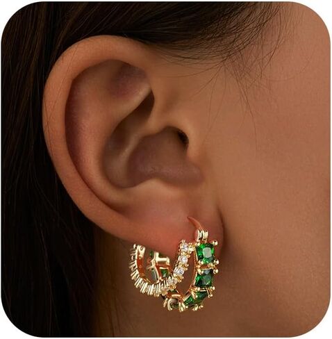 Mesovor Gold Zircon Double Hoop Earrings for Women, 14K Gold Plated Square Colored Cubic Zirconia Hoops Earrings Jewelry Gifts in Saudi Arabia