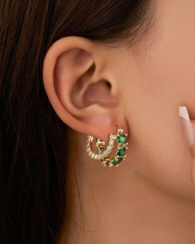 Mesovor Gold Zircon Double Hoop Earrings for Women, 14K Gold Plated Square Colored Cubic Zirconia Hoops Earrings Jewelry Gifts in Saudi Arabia