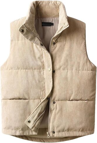 Womens Corduroy Puffer Vest Sleeveless Stand Collar Zip Up Snap Lightweight Jacket Padded Gilet Outerwear in Kuwait