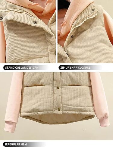 Womens Corduroy Puffer Vest Sleeveless Stand Collar Zip Up Snap Lightweight Jacket Padded Gilet Outerwear in Kuwait