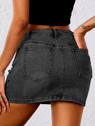 ELLEVEN Stretchy Mini Jean Skirt for Women,Low Waist Denim Skirts with Pockets in Saudi Arabia