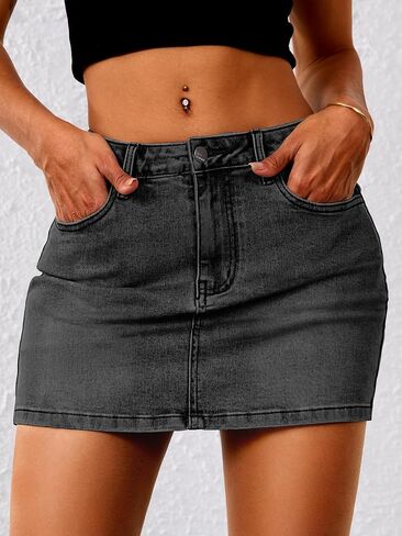 ELLEVEN Stretchy Mini Jean Skirt for Women,Low Waist Denim Skirts with Pockets in Saudi Arabia