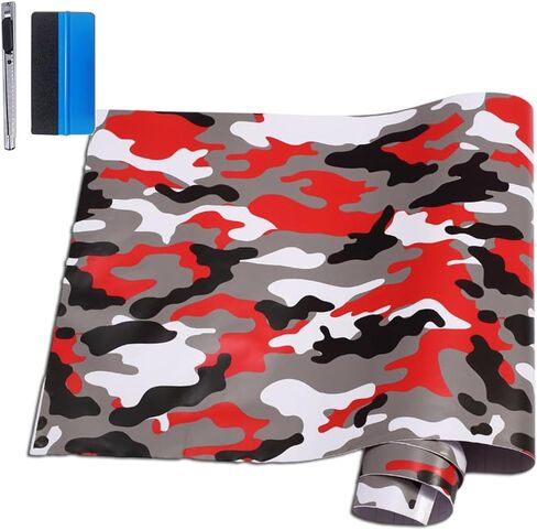 Lzlrun Car Camouflage Vinyl Wrap Film Roll Arctic Snow Camo Scener for Car Computer Computer Bike Motorcycle Red 1ft × 5ft in Kuwait