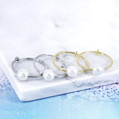 YOQUCOL 2 Pairs Clip On Hoop Earrings for Women Simulated Freshwater Pearl Non Pierced Ears Spring Hoops in Saudi Arabia