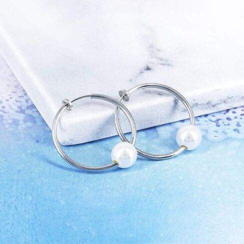 YOQUCOL 2 Pairs Clip On Hoop Earrings for Women Simulated Freshwater Pearl Non Pierced Ears Spring Hoops in Saudi Arabia