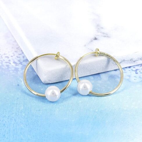 YOQUCOL 2 Pairs Clip On Hoop Earrings for Women Simulated Freshwater Pearl Non Pierced Ears Spring Hoops in Saudi Arabia