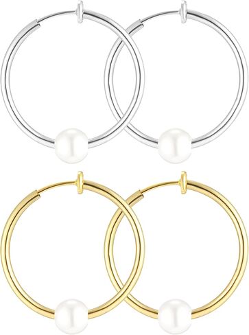 YOQUCOL 2 Pairs Clip On Hoop Earrings for Women Simulated Freshwater Pearl Non Pierced Ears Spring Hoops in Saudi Arabia
