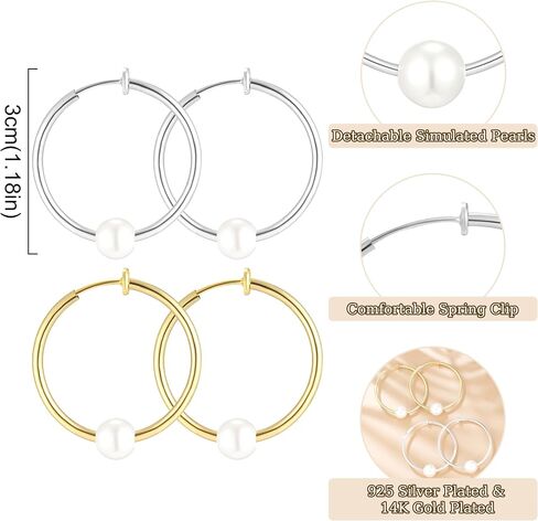 YOQUCOL 2 Pairs Clip On Hoop Earrings for Women Simulated Freshwater Pearl Non Pierced Ears Spring Hoops in Saudi Arabia