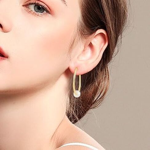YOQUCOL 2 Pairs Clip On Hoop Earrings for Women Simulated Freshwater Pearl Non Pierced Ears Spring Hoops in Saudi Arabia