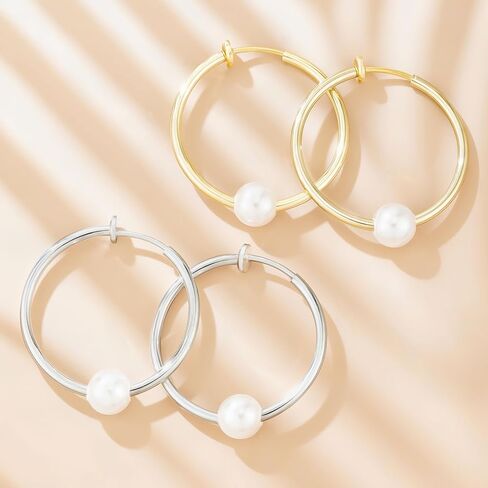 YOQUCOL 2 Pairs Clip On Hoop Earrings for Women Simulated Freshwater Pearl Non Pierced Ears Spring Hoops in Saudi Arabia