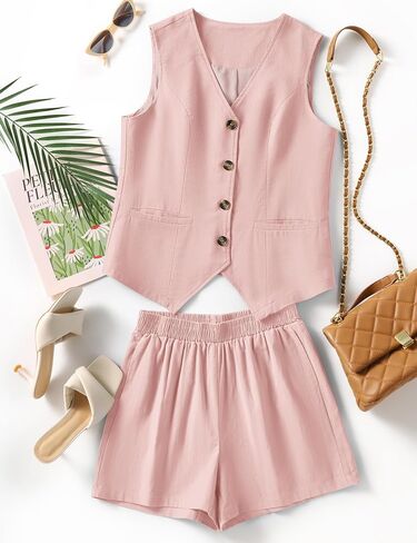 LOMON 2 Piece Sets for Women Summer Outfits Sleeveless Matching Sets V Neck Button Down Vest Linen Shorts Set with Pockets in Saudi Arabia