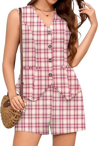 LOMON 2 Piece Sets for Women Summer Outfits Sleeveless Matching Sets V Neck Button Down Vest Linen Shorts Set with Pockets in Saudi Arabia