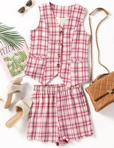 LOMON 2 Piece Sets for Women Summer Outfits Sleeveless Matching Sets V Neck Button Down Vest Linen Shorts Set with Pockets in Saudi Arabia