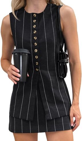 Molilove Women's Linen 2 Piece Skirt Set - Crew Neck Button Vest Top & Sleeveless Blazer - Stripe Shorts Suit in Saudi Arabia