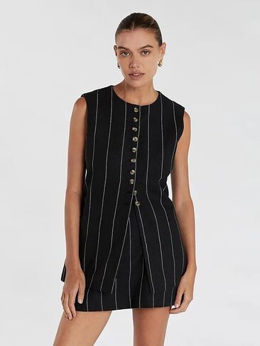Molilove Women's Linen 2 Piece Skirt Set - Crew Neck Button Vest Top & Sleeveless Blazer - Stripe Shorts Suit in Saudi Arabia