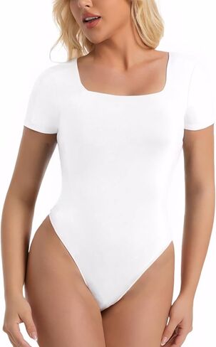 Women's Square Neck Slim Sexy Casual Short Sleeve T Shirts Bodysuit Shapewear in Kuwait