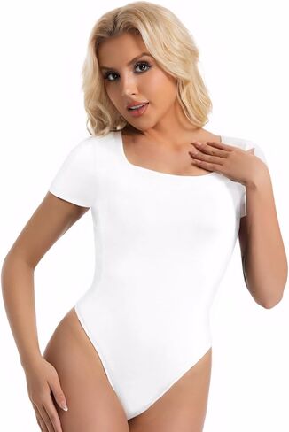 Women's Square Neck Slim Sexy Casual Short Sleeve T Shirts Bodysuit Shapewear in Kuwait