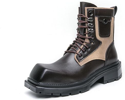 Mens Leather Panel Lace Up Ankle Boots Heavy Duty Slip Resistant Rubber Sole Reinforced Stitching Durable Tread Pattern Multi Scenario Wear in Saudi Arabia