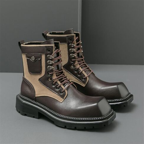 Mens Leather Panel Lace Up Ankle Boots Heavy Duty Slip Resistant Rubber Sole Reinforced Stitching Durable Tread Pattern Multi Scenario Wear in Saudi Arabia