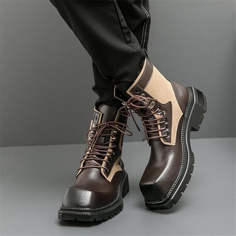 Mens Leather Panel Lace Up Ankle Boots Heavy Duty Slip Resistant Rubber Sole Reinforced Stitching Durable Tread Pattern Multi Scenario Wear in Saudi Arabia