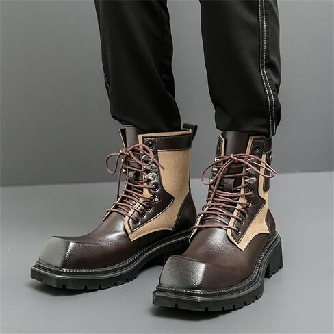 Mens Leather Panel Lace Up Ankle Boots Heavy Duty Slip Resistant Rubber Sole Reinforced Stitching Durable Tread Pattern Multi Scenario Wear in Saudi Arabia