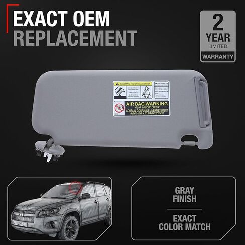 استبدال Sun Visor ، جانب السائق الأيسر - متوافق مع 2010-2012 Toyota RAV4 - Automotive Sun Protection Revor ، الظل الداخلي للمركبة - رمادي ، مع المرآة - OEM 74320-42502 -B2 in Kuwait